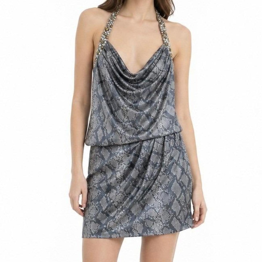 Speechless Y2K Grey Snakeskin Rhinestone Halter Mini Dress M